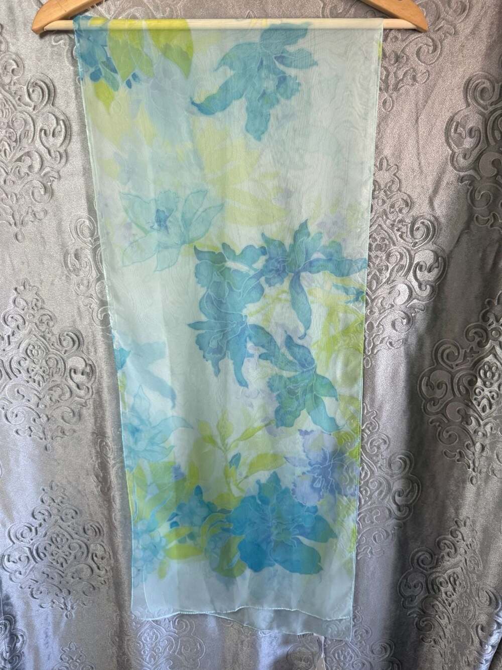 NWT Floral Print Lightweight Chiffon Scarf Blue Green